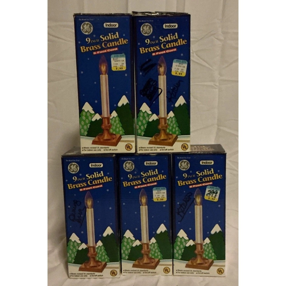 Lot Of 5 GE 9" Solid Brass Candles With 6 Ft Cord Square Base With On/Off Switch